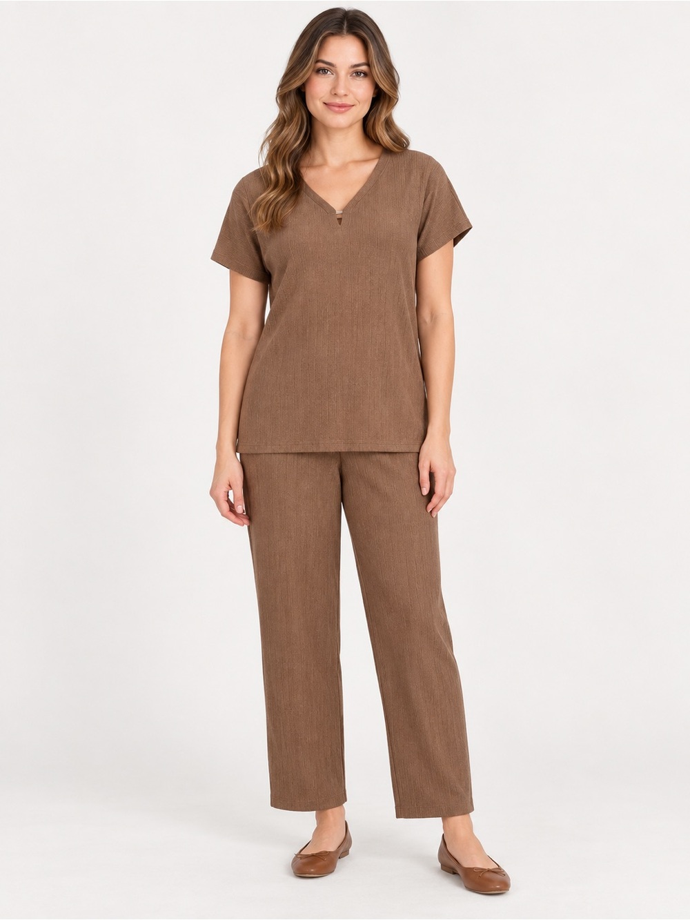 Jones New York Brown Straight-Leg Pants with Matching Top
